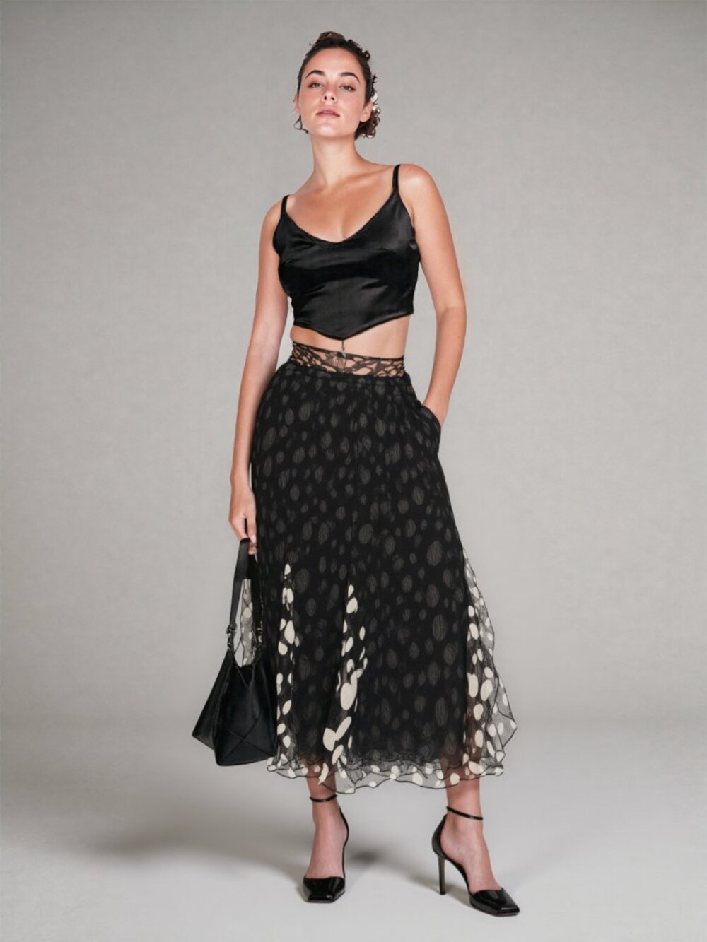 Joseph Ribkoff Black and White Polka Dot Soft Layered Skater Skirt